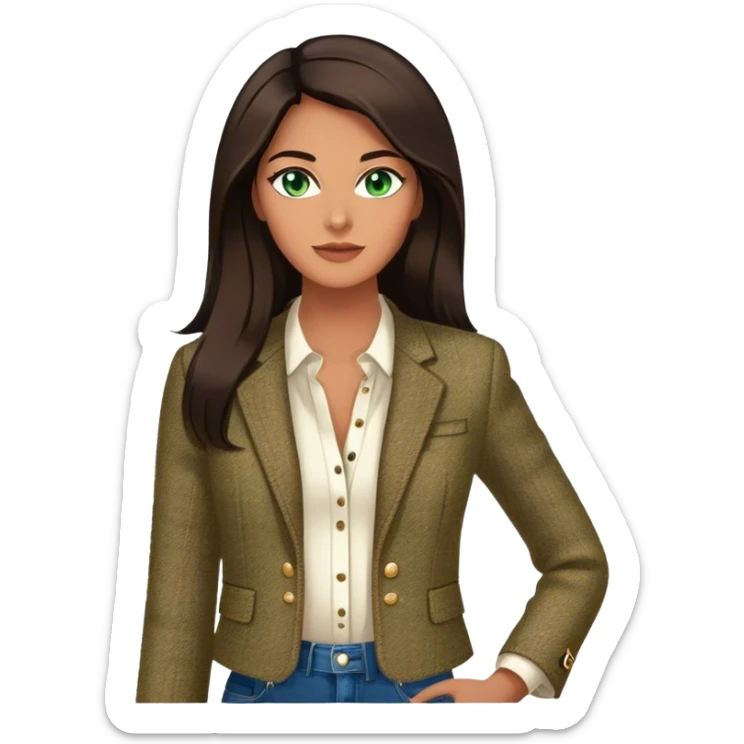 a 30 year old female venture capitalist with greek tan skin, 6 ft tall, long dark brown hair and blue/green eyes, wearing a chanel tweed jacket and trendy jeans - no collar, no tie, dark tan skin sticker