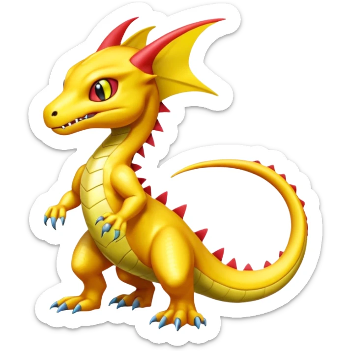 Cute Shiny yellow iridescent Guilmon-Salandit-Fakémon-hybrid-creature (full body)  sticker