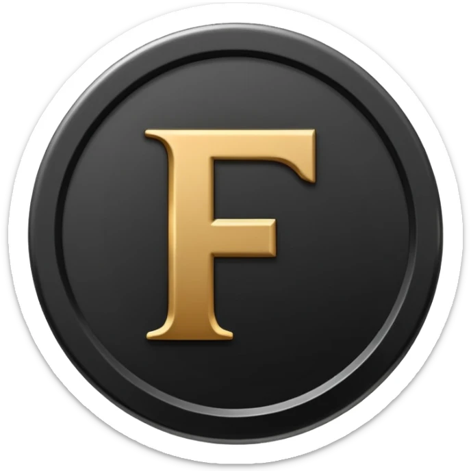 Emoji icon of a black coin with engraved letter F, minimalist style, isolated, no color sticker