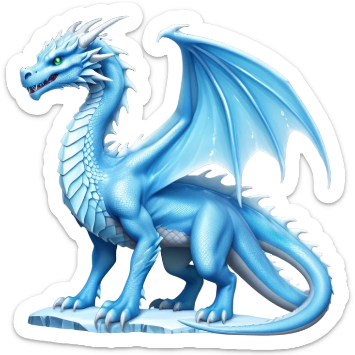 Cinematic Noble beautiful  Ice Dragon full body Emoji, Poised and imposing, distinct long elegant snout, with a slender, scaled body shimmering in glacial hues of icy blue, frostbitten silver, and crystalline white, breathing out frost, with piercing, glowing eyes that radiate the chilling depths of an arctic storm; rendered in detail. displaying its wings sticker