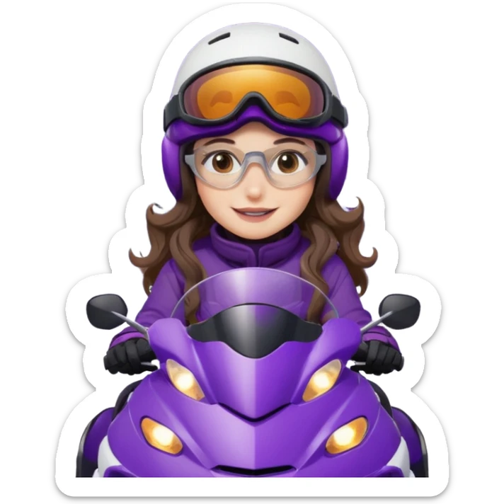 dark purple snowmobile, me Sitting on snowmobile goggles and helmet not covering my face brown eyes long wavy hair white skin dark purple formula 1995 snowmobile change sled color dark purple and white not yellow Snowmobile helmet and goggles, not on my face sticker
