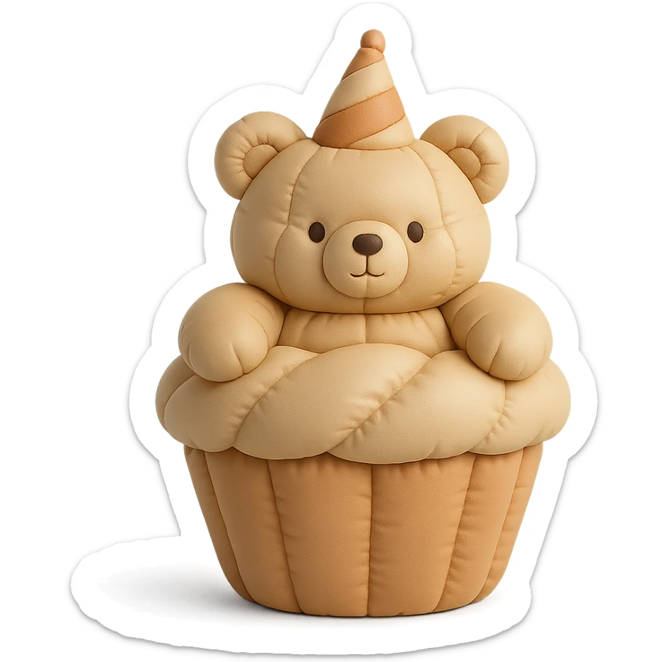fluffy bear popping out of a cupcake, wearing a party hat, cushion style sticker
