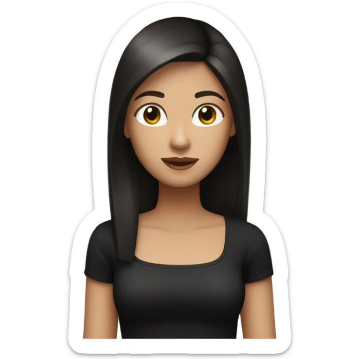 Make a girl with light skin and dark brown straight hair and a black square neck top emoji style sticker