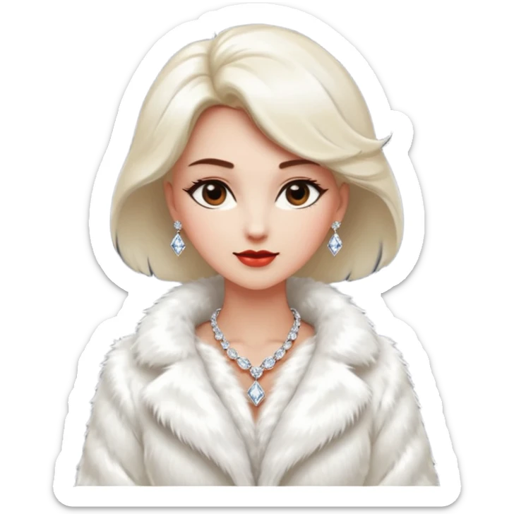 * Character: A stylish lady
* ﻿﻿Clothing: A luxurious white fur coat
* ﻿﻿Accessories: A dazzling diamond necklace
* ﻿﻿Expression: Confident, elegant, maybe slightly glamorous
* ﻿﻿Pose: Head slightly tilted or a poised posture
* ﻿﻿Style: Emoji-like, simple but expressive sticker