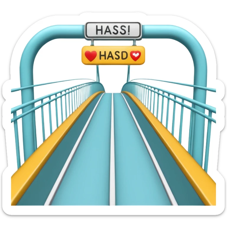 playful and clear emoji style of a simple bridge linking two hospitals with the word 'HASD' standing on the bridge sticker