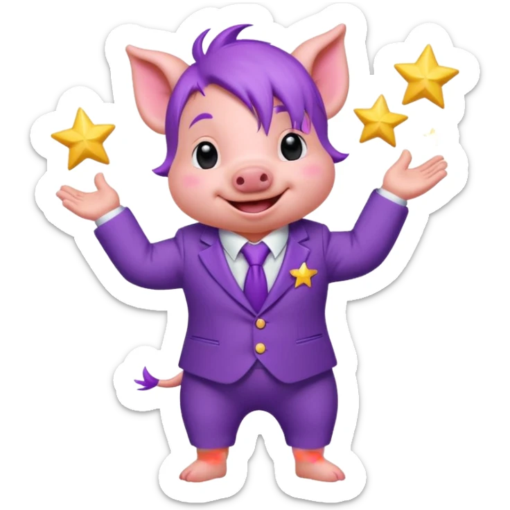 Sticker, a small cute funny purple piglet with purple hair, wearing a purple suit decorated with stars, ((cheerful, laugh)), surrounded by white outline, on transparent background sticker