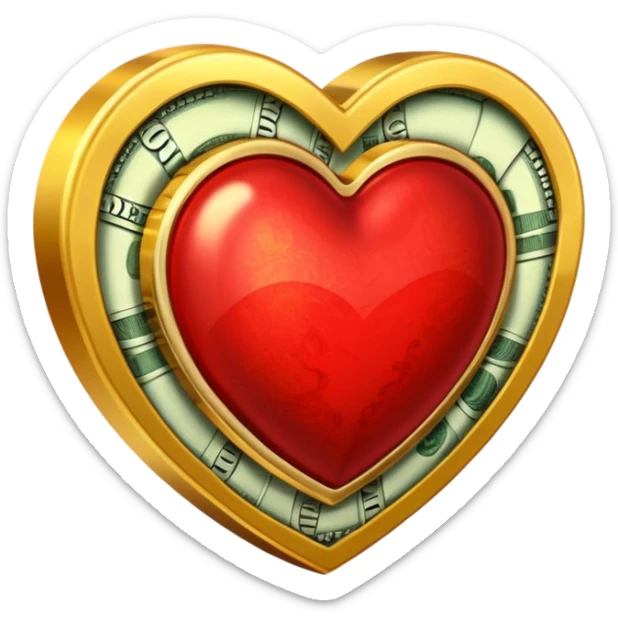 "Realistic HD red heart fused with cash and gold elements, heart seamlessly blended with money textures and molten gold details, dramatic warm glow, luxurious but clean, white background." sticker
