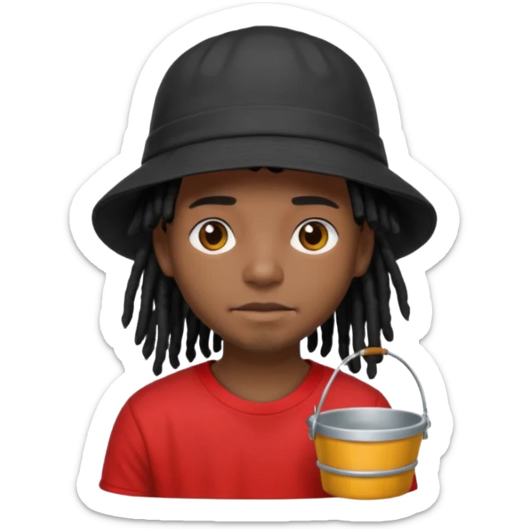 dark brown skin, black hair dreadlocks, wear red t-shirt, black bucket hat sticker