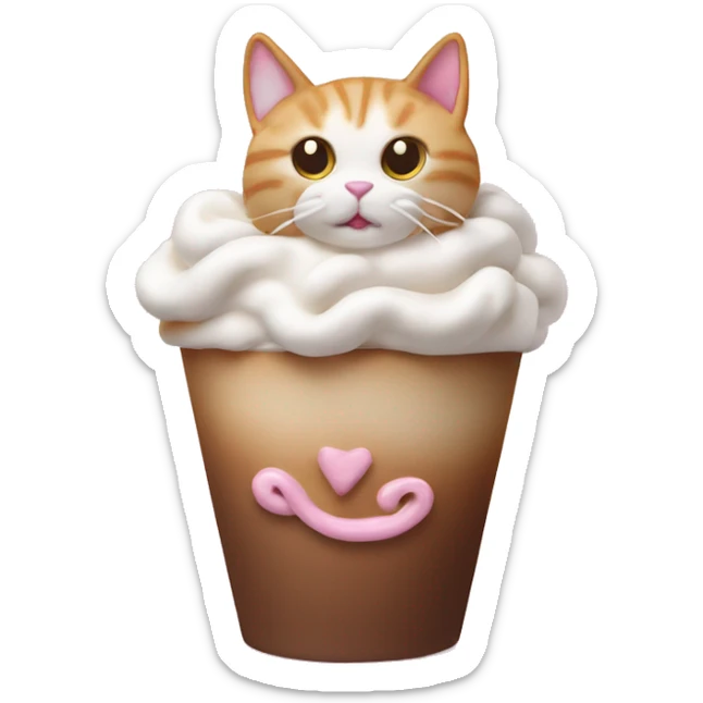 Cat made out of latte foam curled up inside of an mocha in an pink cup with a bow  sticker