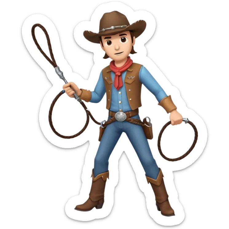 cowboy man holding a whip, dynamic pose, western outfit, adventure vibe, 3D cartoon, mobile game icon style, clean background, no text, no watermark
 sticker