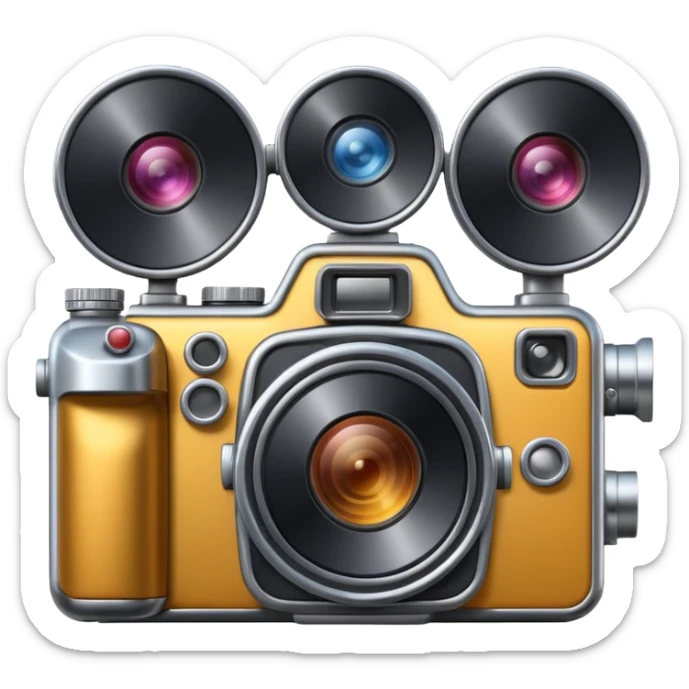Minimal emoji icon of a huge cinematic metalic camera, front view, simple shapes, realistic lens,  sticker