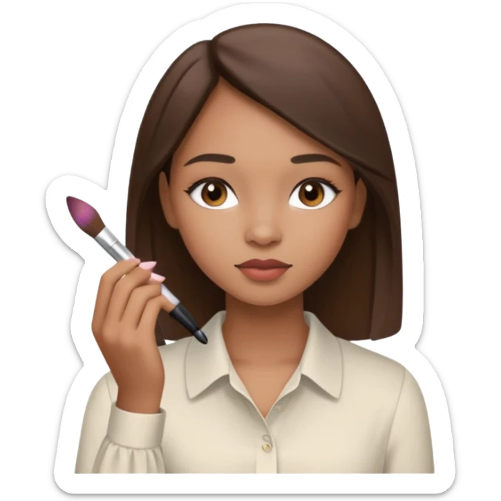 Draw a mixed-race girl applying makeup, wearing a clean girl blouse and with straight brown hair  sticker