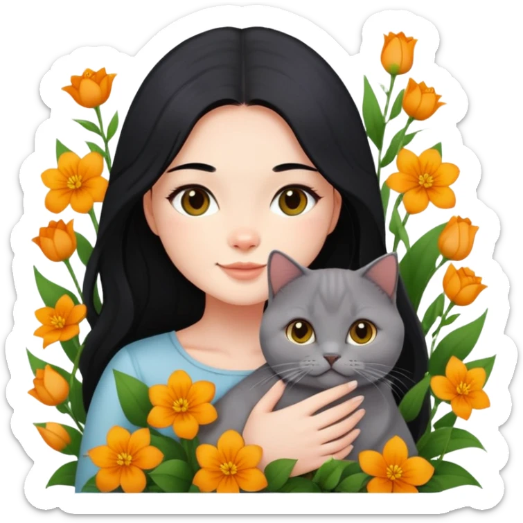 A beautiful girl with long black hair happily holds a Ginger British Shorthair Cat in the flowers sticker
