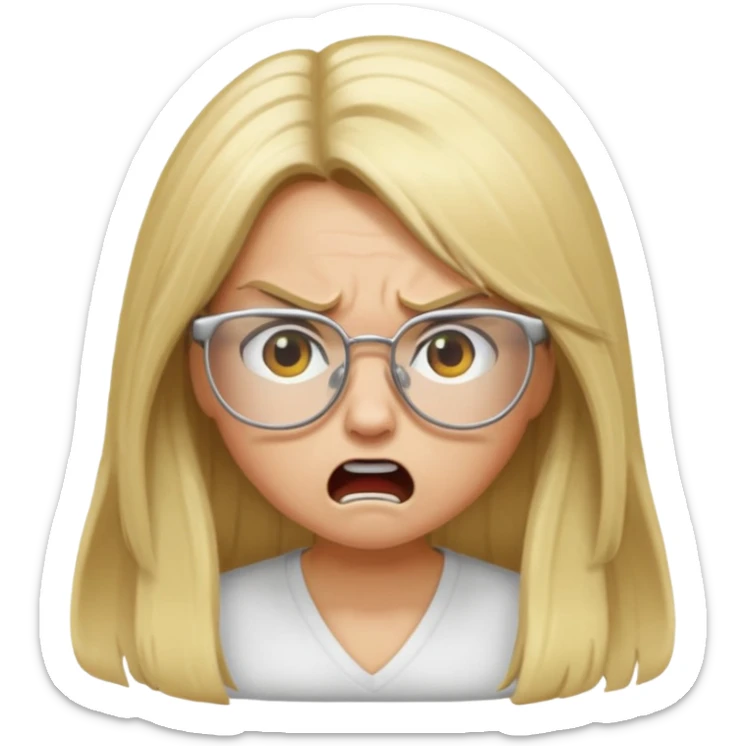 blonde girl with long hair, white glasses, angry sticker