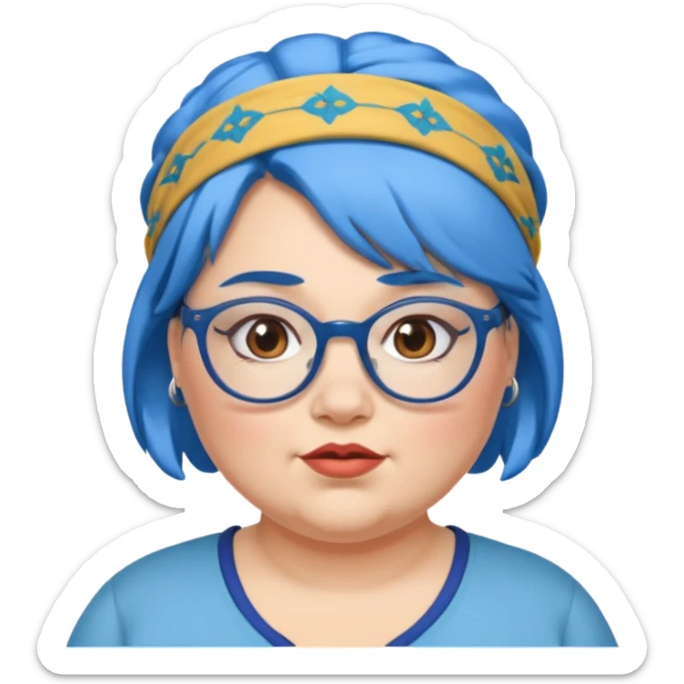 fat woman with blue hair and glassess and headband sticker