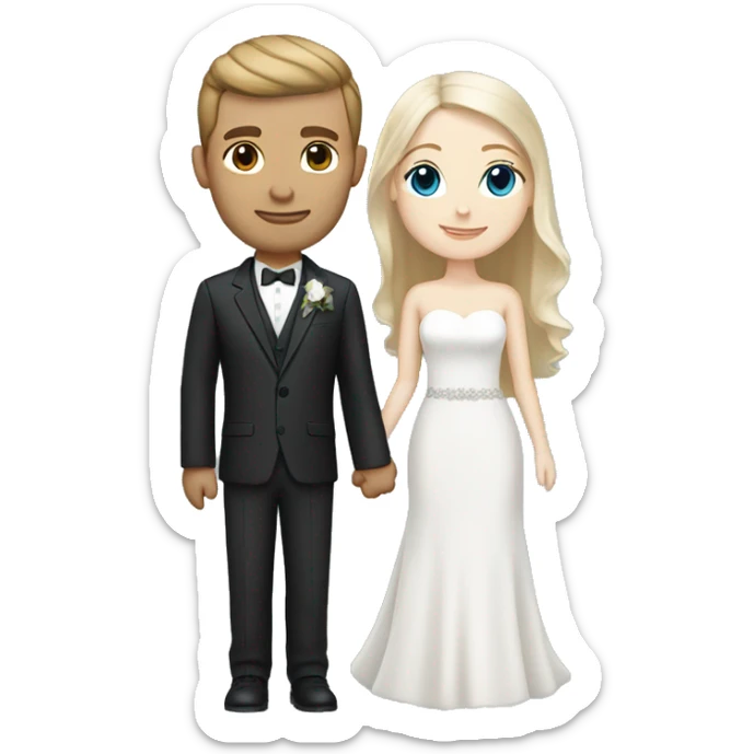 Wedding couple, groom white skin with brown hair and brown eyes, bright with white skin blonde hair and blue eyes sticker