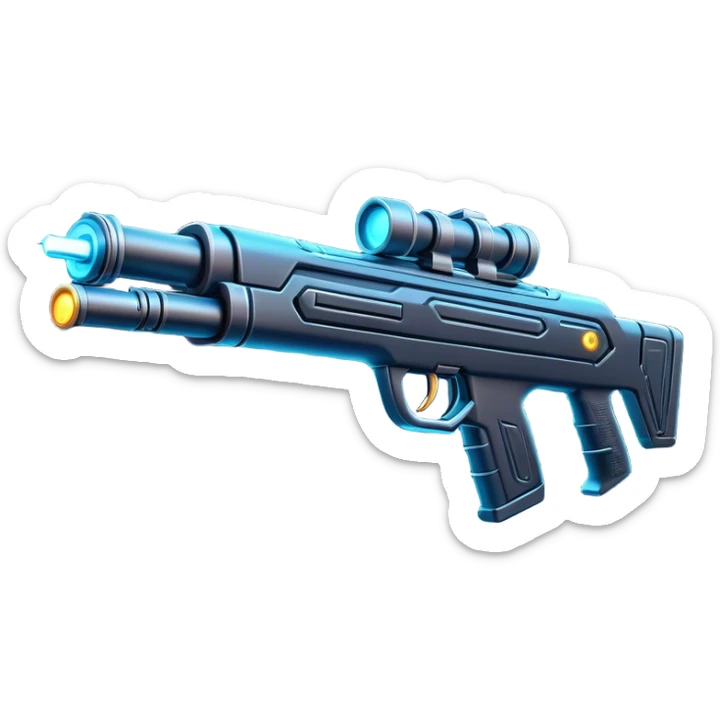 Clash of Clans aesthetic: Cinematic Playful Laser Rifle Emoji, rendered in a 3D vector-style similar to standard emojis with minimal shading and bold, simplified shapes. A compact, sleek energy weapon with futuristic contours and a glowing barrel, softly glowing with a sci-fi battle charm. Simplified yet unmistakably iconic, highly detailed and consistent, glowing with a soft pulsating radiance and high shine. Stylized with a touch of cosmic engineering and a soft glowing outline, capturing the essence of a cutting-edge energy armament with a playful, dynamic aura! sticker