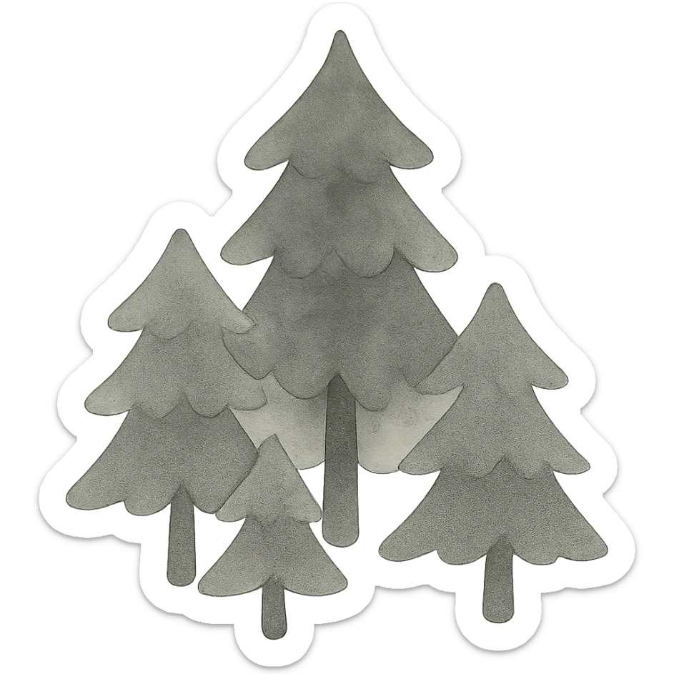 illustration of evergreen trees in Scandinavian folk art style, dark neutral forest color tones, watercolor texture with outlines, transparent background, suitable for favicon sticker