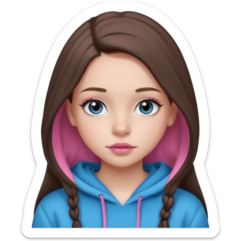 Create a TEENAGE girl with LONG and straight light brunette hair with a middle part, light skin, light freckles, and blue-gray eyes. She will have pink lips and LONG eyelashes. She will be wearing a black hoodie sticker