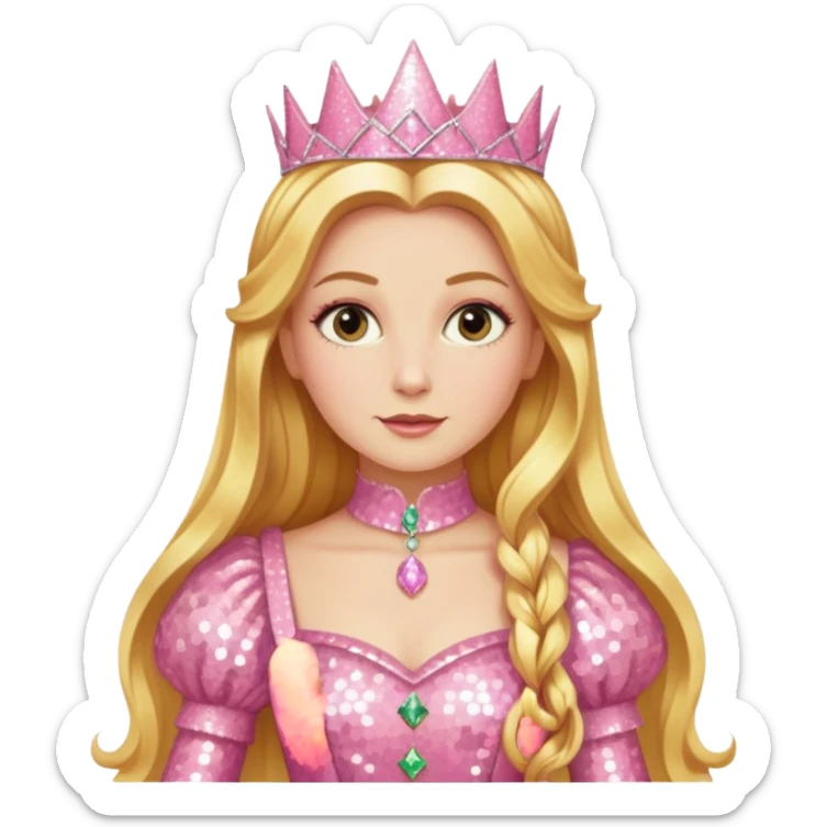 Glinda from The Wizard of Oz with long golden blonde hair, pink sequin outfit sticker