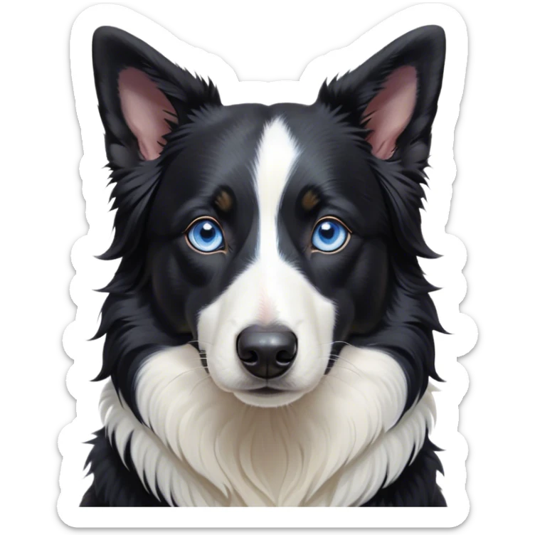 Cinematic Noble Black and White Border Collie Portrait Emoji, Poised and regal, with a lean, athletic build and a sleek, well-groomed black and white coat, piercing blue eyes, Simplified yet sharp and sophisticated features, highly detailed, glowing with a soft, dignified glow, high shine, intelligent and agile, stylized with an air of precision, focused and attentive, soft glowing outline, capturing the essence of a watchful and determined herder, so majestic it feels as though it could sprint out of the screen with effortless authority! sticker