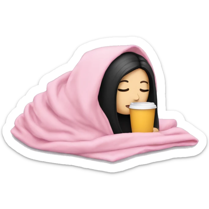 white girl with black straight hair inside a pink blanket sipping coffee eyes closed sticker