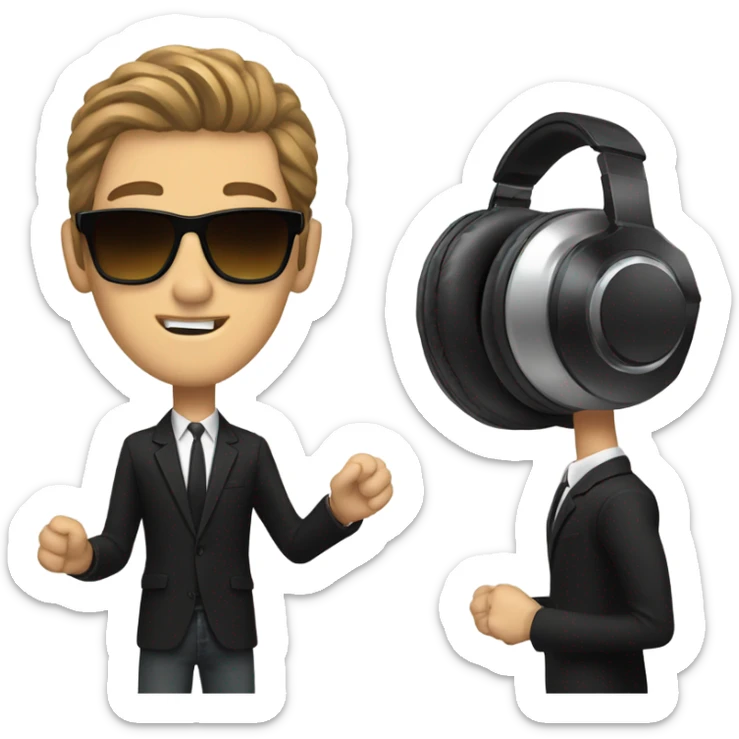 White Man brown hair with sunglasses DJ black jacket skinny tie headphones spinning records sticker