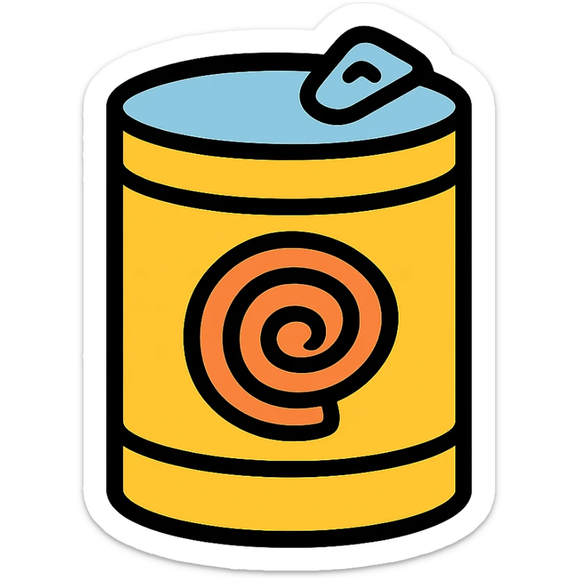 minimalist icon of canned pasta, simple can with pasta swirl, flat colors, modern style, transparent background sticker