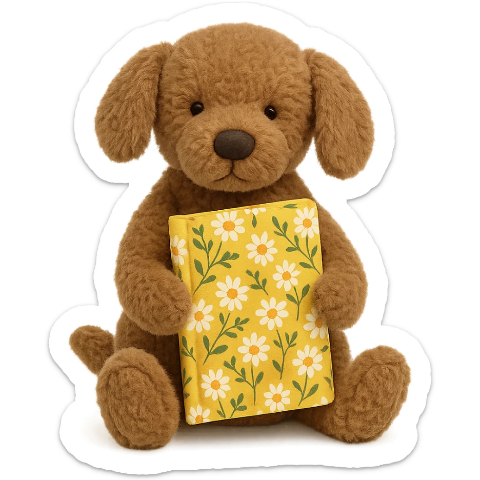 Jellycat style brown golden retriever puppy holding a yellow floral journal  sticker
