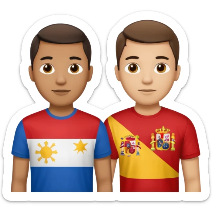 2 male Best buds , one in showing Philipines flag tshirt, one is Spain flag sticker