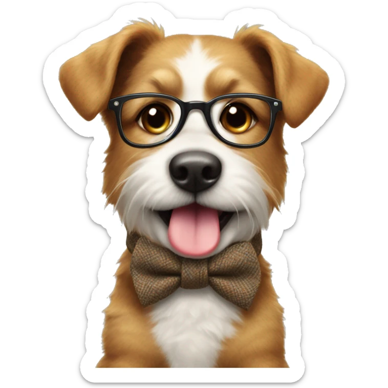 
The dog is small and fluffy, wearing a tweed vest, striped tie, and round glasses, giving it a playful, intelligent look. Its bright eyes and joyful expression, with its tongue sticking out, add to its cheerful charm sticker