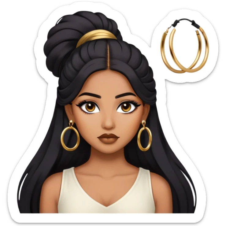 indian girl, brown skin, long black voluminous hair, brown underneath colored hair, baddie,pretty, makeup, lipliner, black eyeliner, gold hoop earrings, white top sticker
