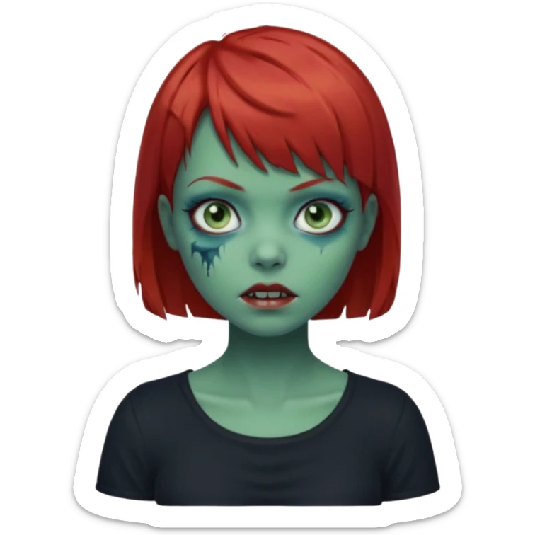 Zombie girl emoji with short red hair and bangs. Blue eyes, green skin, and a black top. sticker