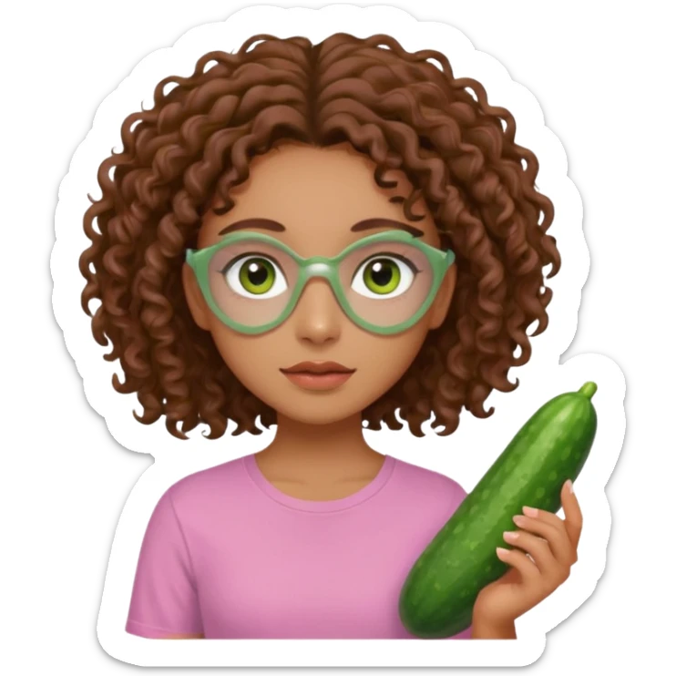 lightskin girl having a spa day with green skincare clay mask and ,cucumbers on her eyeballs  and brown curly hair and a pink shirt not holding it in her hand sticker