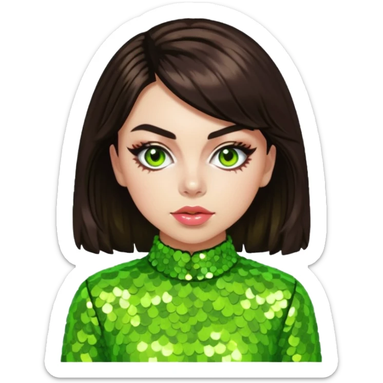 Charli XCX with dark brown hair, lime green sequin outfit sticker
