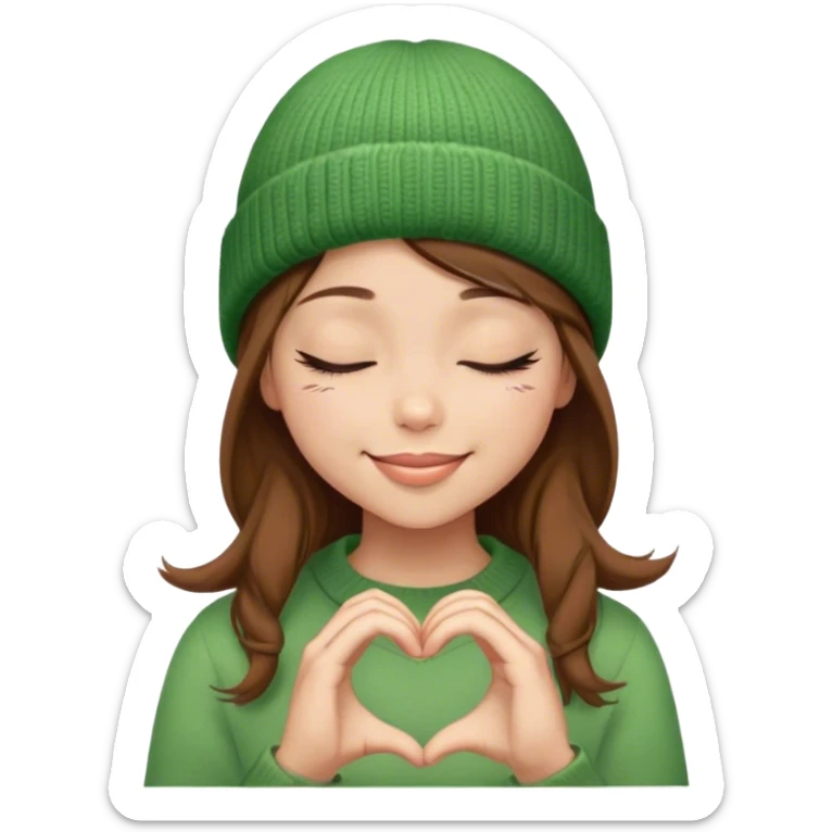 brown hair girl closed eyes stylish in a green beanie hat smiling making heart from her hands  sticker