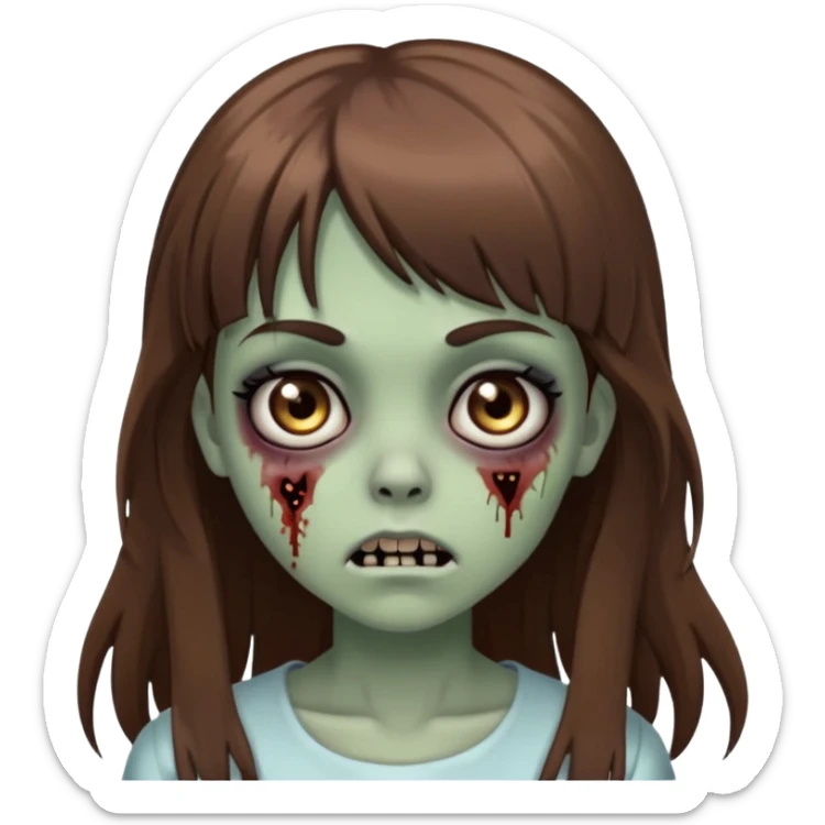 Zombie girl emoji with long brown hair, bangs, big black eyes sticker