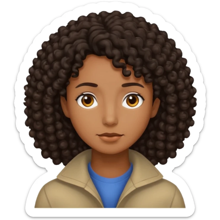 This is a cartoon-style avatar of a person with dark curly hair, brown skin, and a calm expression sticker
