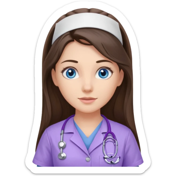 pretty brunette nurse with long hair and blue eyes in lilac scrubs sticker