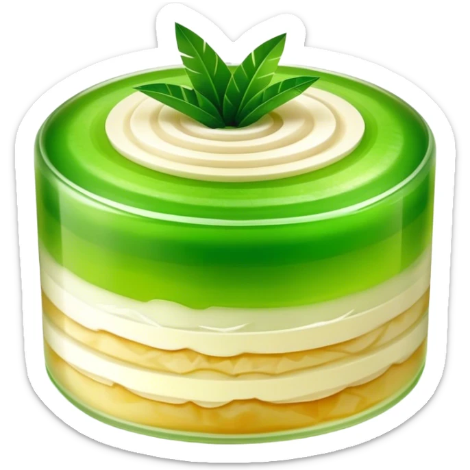 Coconut Pandan Jelly Cinematic Realistic Coconut Pandan Jelly Dessert Emoji, depicted as a layered jelly with distinct strata of coconut and pandan flavors, rendered with delicate textures and vibrant, tropical lighting. sticker