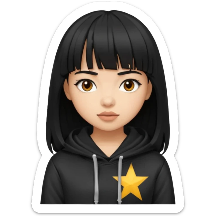black-haired girl with bangs and light skin with brown eyes and a rockstar hoodie  sticker