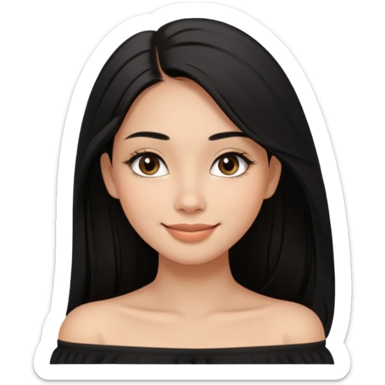 A realistic 3D avatar of a young woman with a soft oval face, slim cheeks, natural almond eyes, long straight black hair, minimal makeup, wearing a black off-shoulder top, elegant and aesthetic, brown skintone, add nosepin at left side.  sticker