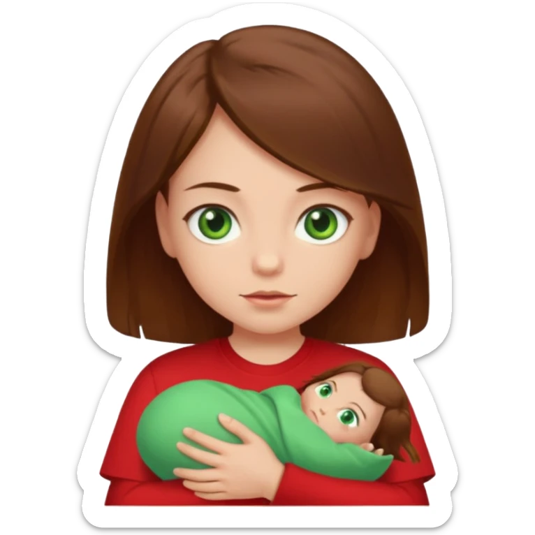 a girl with brown strait hair and has baby green eyes has a red t-shirt sticker