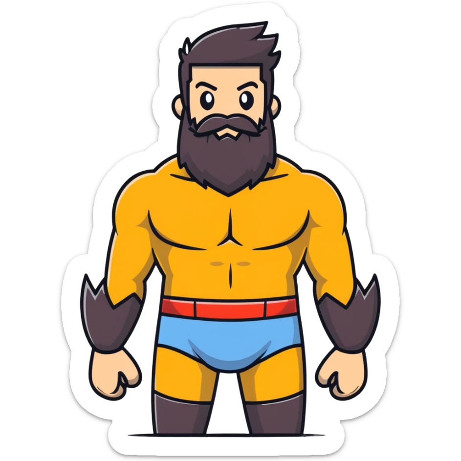 silly superhero with giant beard wearing underwear outside costume, goofy expression sticker