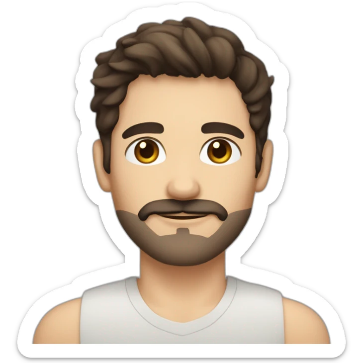 A young Caucasian man with dark brown, almond-shaped eyes, short dark brown hair, and a small dark brown beard with a more prominent mustache. sticker