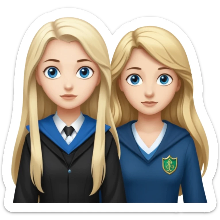 a pretty ravenclaw girl with long brown hair and blue eyes standing with a hot Slytherin girl with long blonde hair, blue eyes and big boobs  sticker