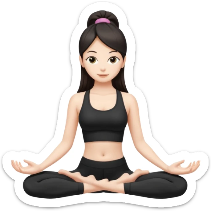 Девушка белокожая, с длинными темными волосами, в черной одежде для йоги, стоит в позе лотоса, в стиле бимбо пилатес, правильные пропорции, только человек, не видно стоп sticker