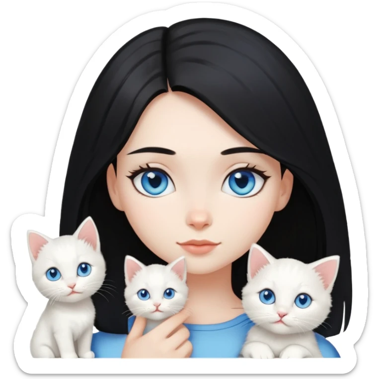Chica con pelo negro hasta los hombros con gatito blanco con ojos celestes  sticker