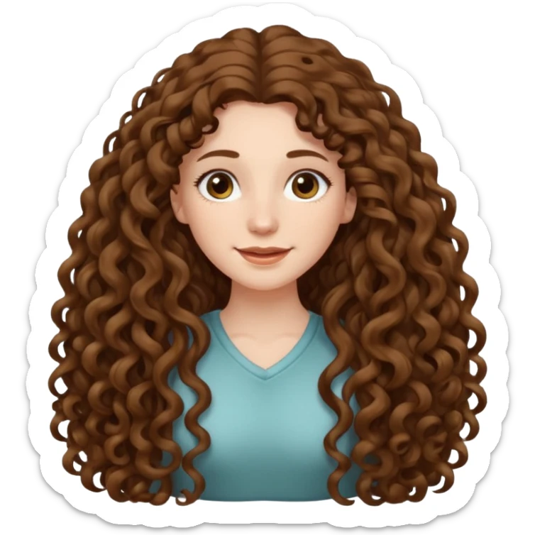 pale woman with brown curly very long hair, middle part. the hair is very very very very very very long, so long, you can't see the ends. the hair is very heavy and goes down to her feet sticker