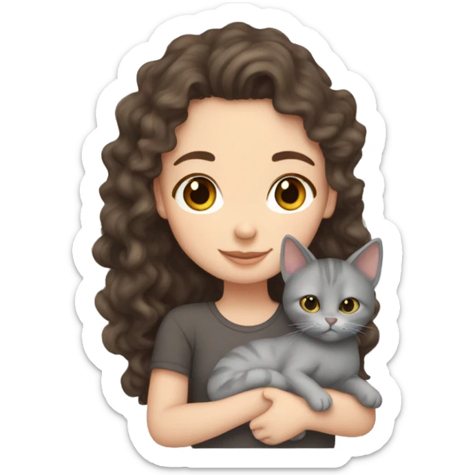 White Girl curly brunette hair cuddling with grey cat sticker